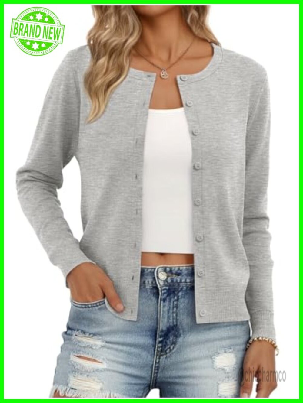 Lightweight Knit Cardigan Button Front Crew Neck Long Sleeve
